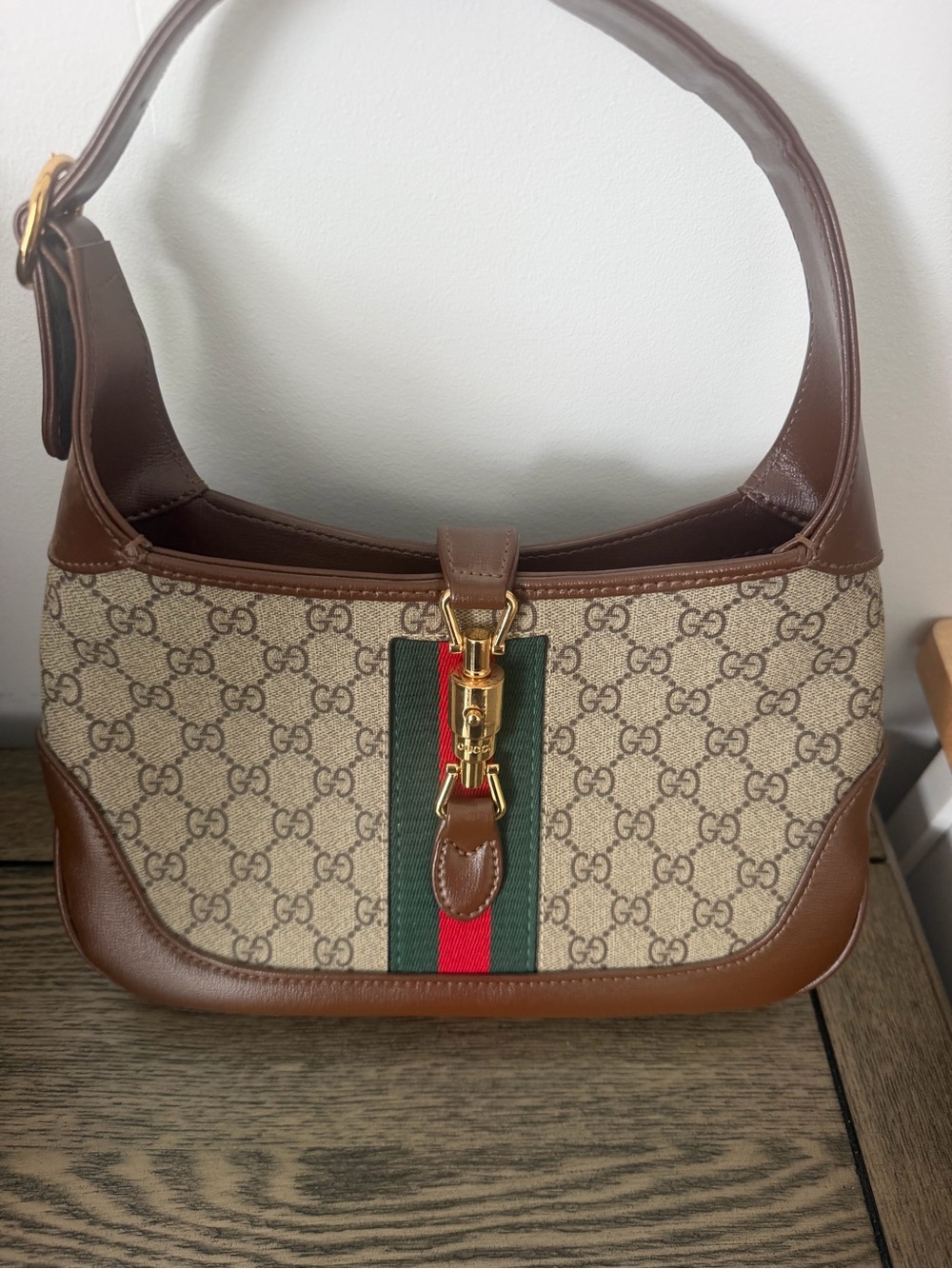 Gucci Brown GG Canvas Shoulder Bag with Green and Red Web Stripe